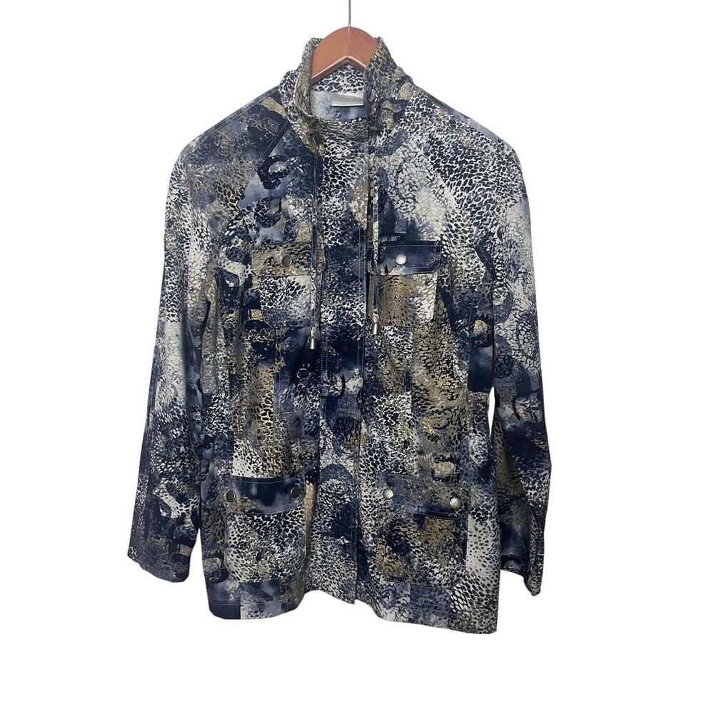 Zenergy By Chico's Size 0 Small Animal Print Zip Front Jacket Ivory Black Blue